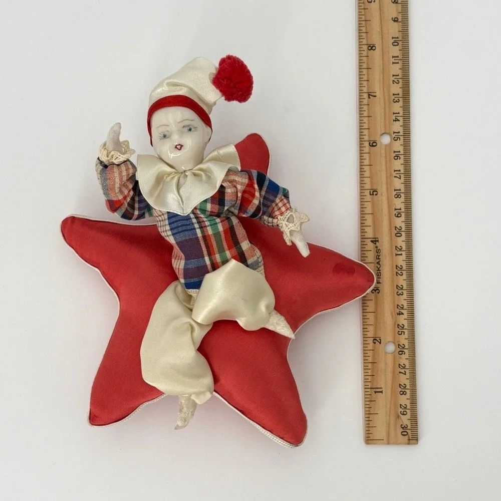 Porcelain Harlequin Clown Doll on Star Plush Pillow OOAK Pierrot Plaid